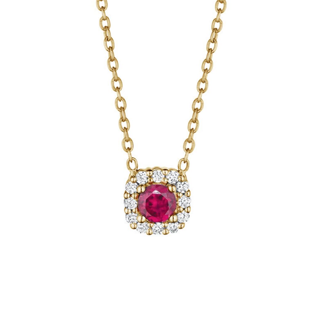 14K Yellow Gold Ruby and Diamond Halo Necklace