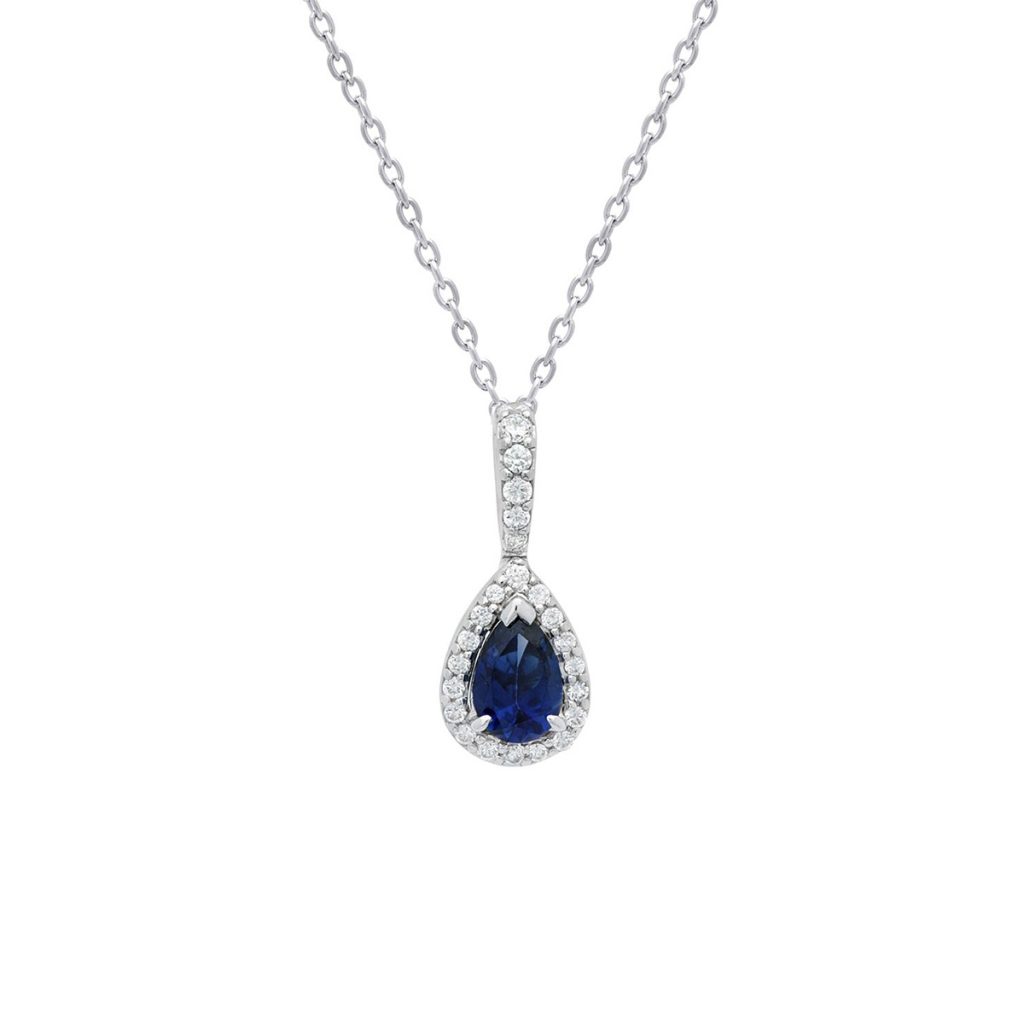 14K White Gold Blue Sapphire and Diamond Pendant and Chain