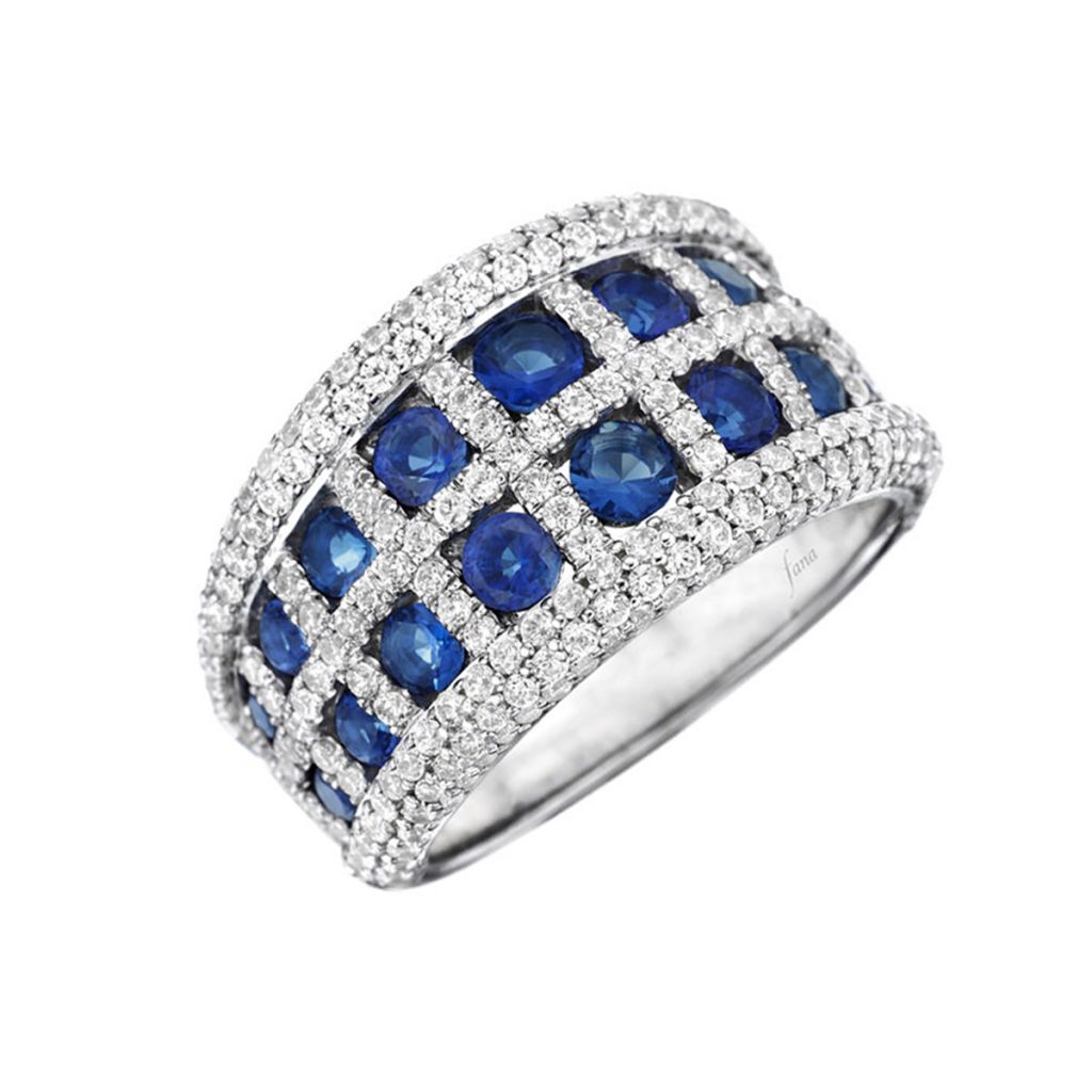 14K White Gold Blue Sapphire and Diamond “Checkered” Ring