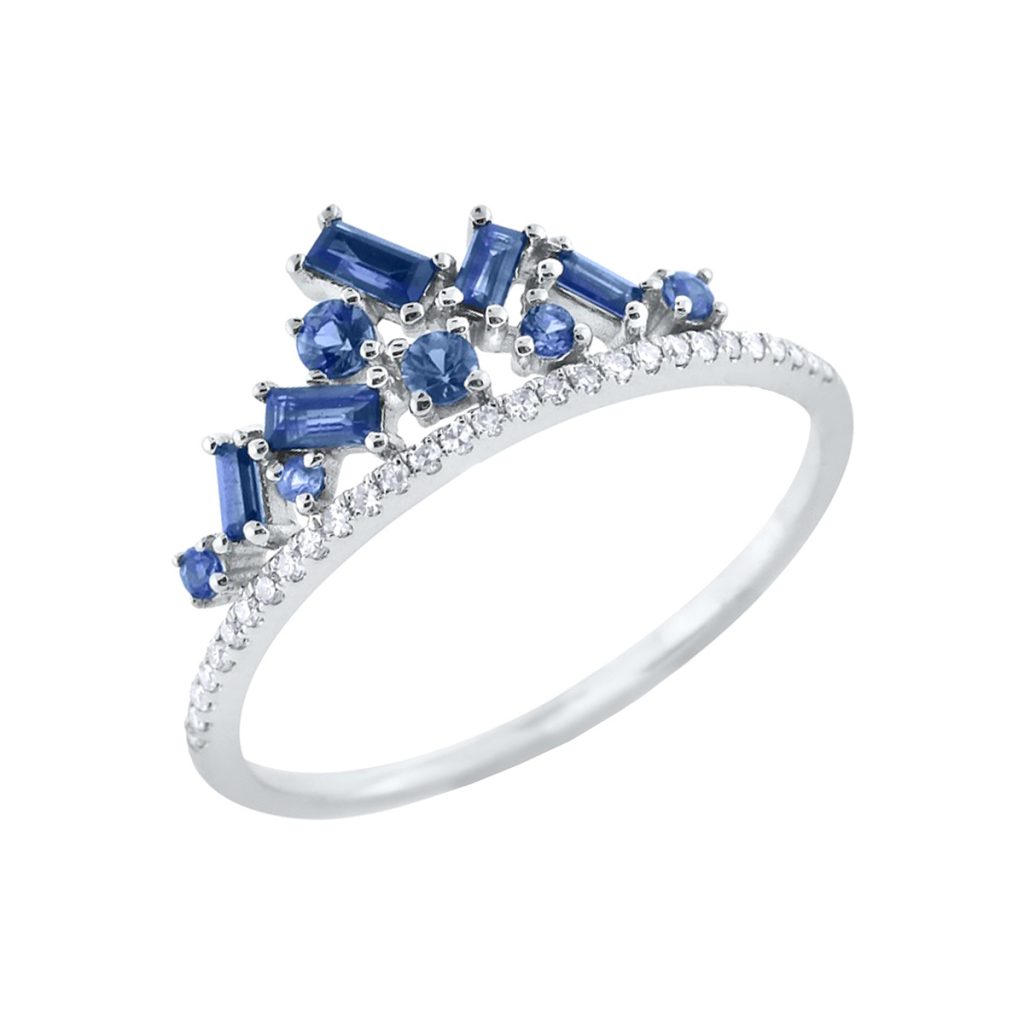 14K White Gold Blue Sapphire and Diamond Crown Ring