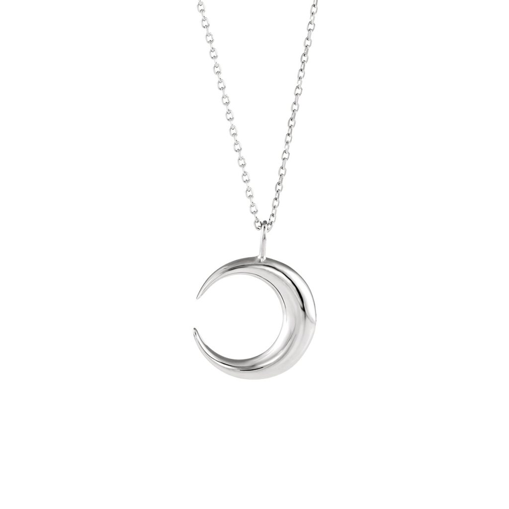 14K White Gold Crescent Moon Pendant and Chain
