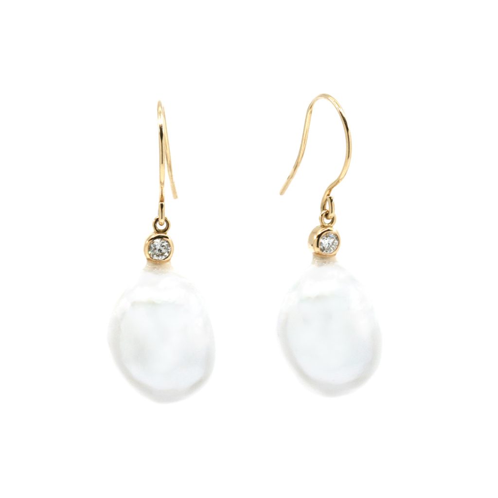 18K Yellow Gold Baroque Pearl and Diamond Earrings