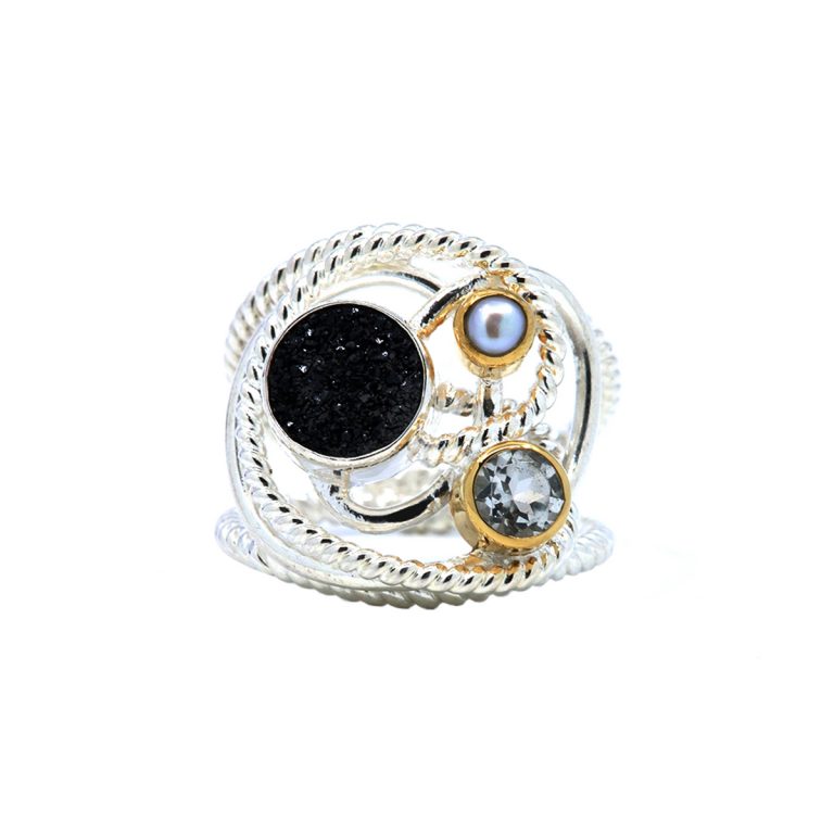 Black Druzy, White Pearl, and White Topaz Ring