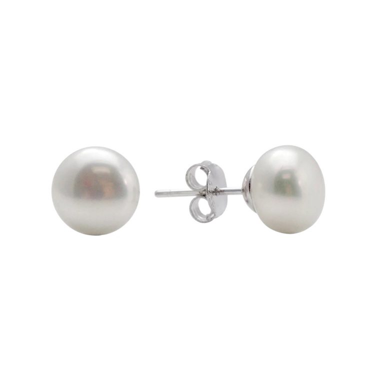 Sterling Silver Button Freshwater Pearl Stud Earrings