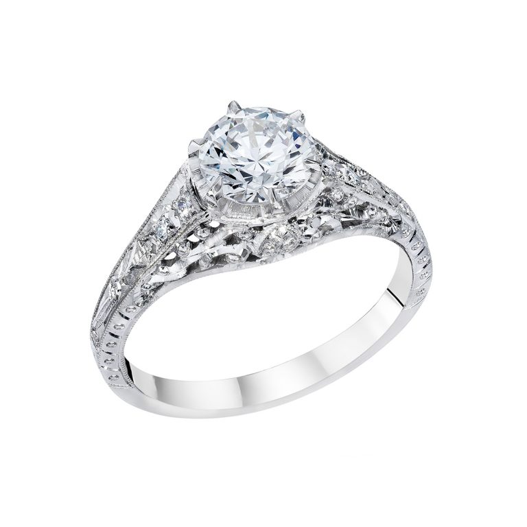 14K White Gold Filigree Engraved Engagement Ring Semi-Mounting