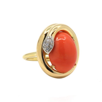 18K Yellow Gold Coral and Diamond Snake Ring