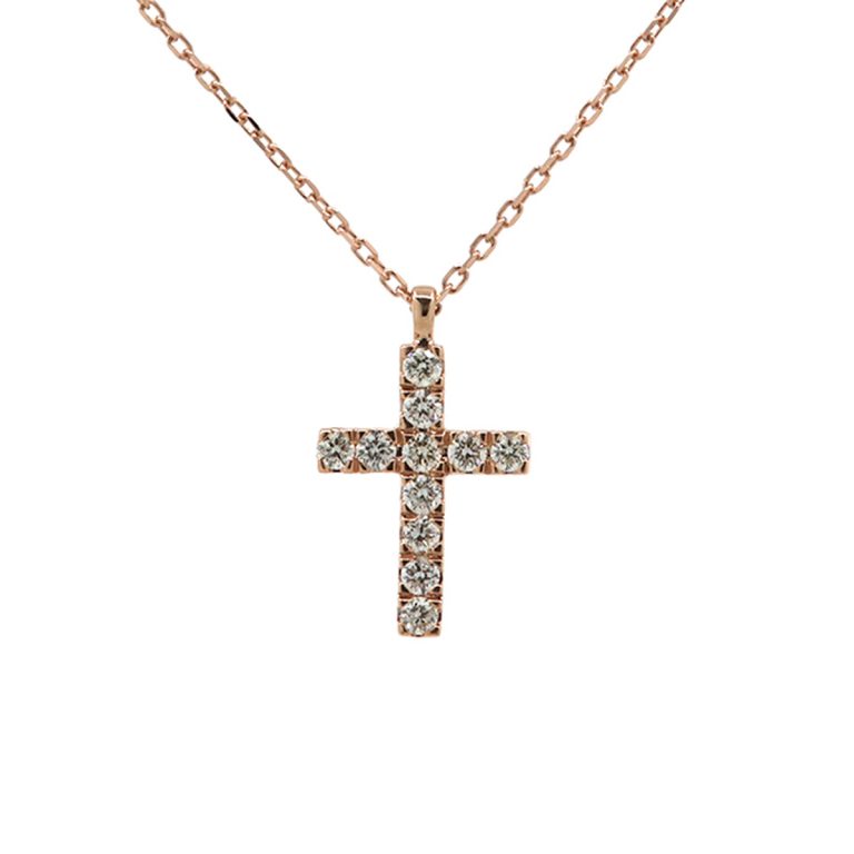 14K Rose Gold Diamond Cross Pendant with Link Chain