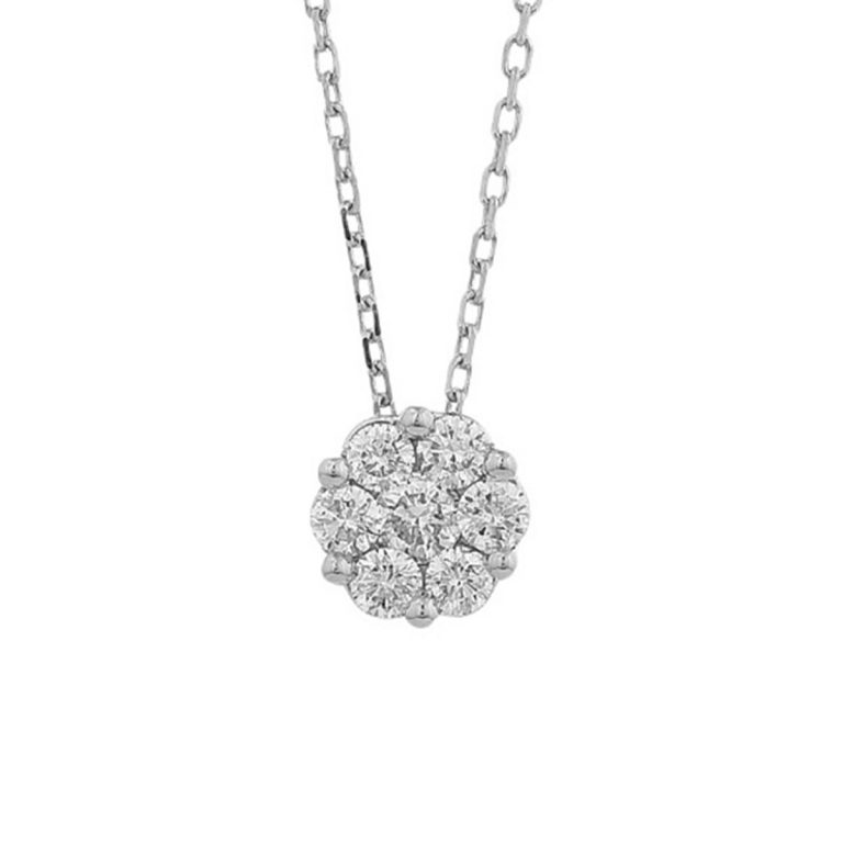 14K White Gold Circle Clustered Diamond Pendant with Chain
