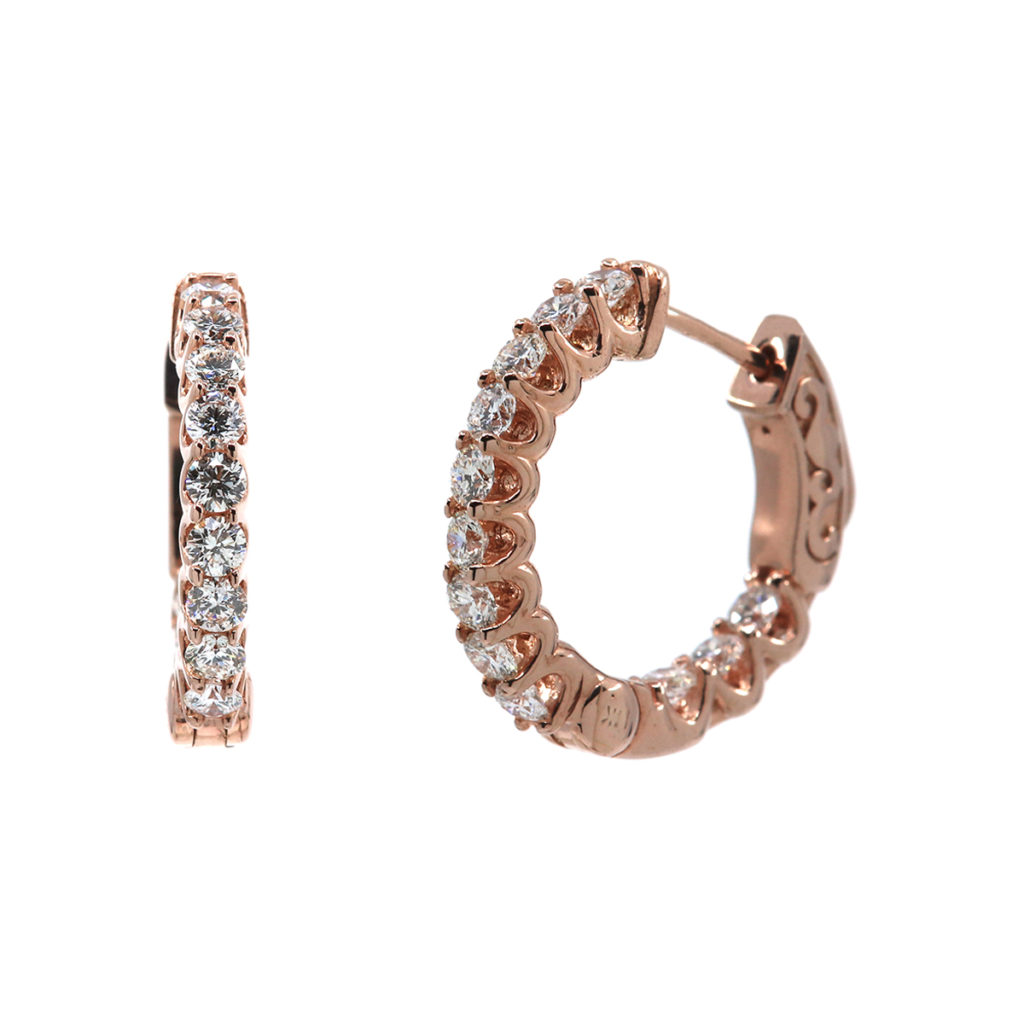 14K Rose Gold Inside Outside Diamond Hoop Earrings