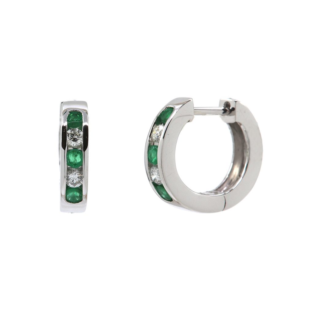 14K White Gold Channel-Set Emerald and Diamond Hoop Earrings