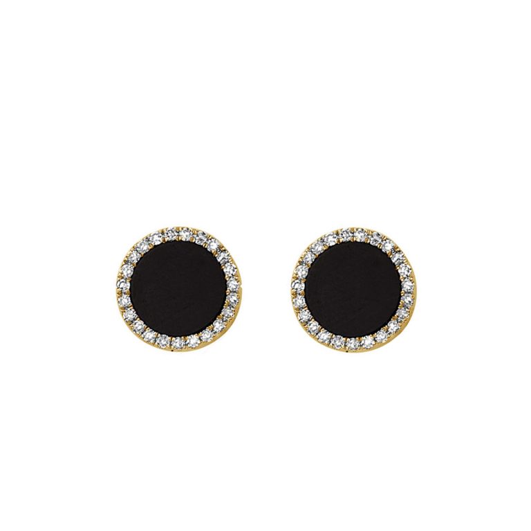 14K Yellow Gold Black Agate and Diamond Halo Earrings