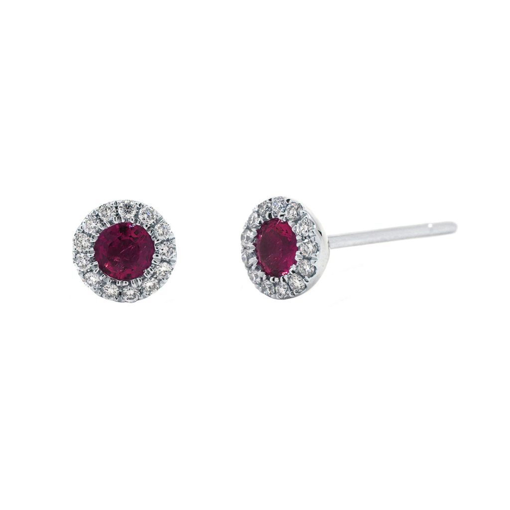 18K White Gold Ruby and Diamond Circle Halo Earrings