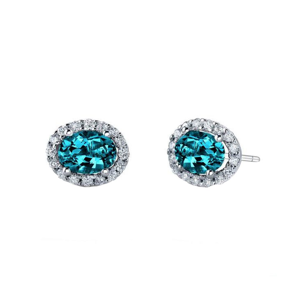 14K White Gold Blue Zircon and Diamond Halo Earrings