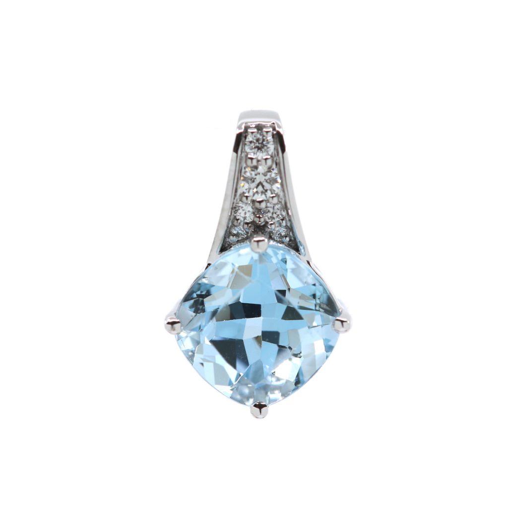 14K White Gold Cushion Cut Aquamarine and Diamond Pendant