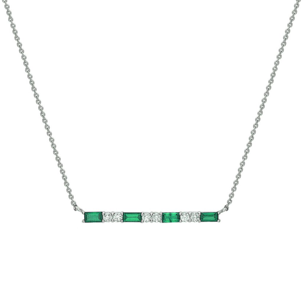 14K White Gold Emerald and Diamond Bar Necklace