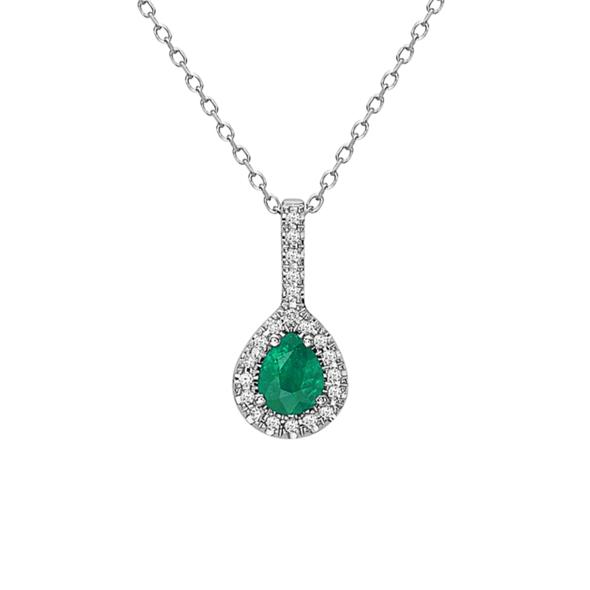 14K White Gold Pear Shaped Emerald and Diamond Pendant with Chain ...