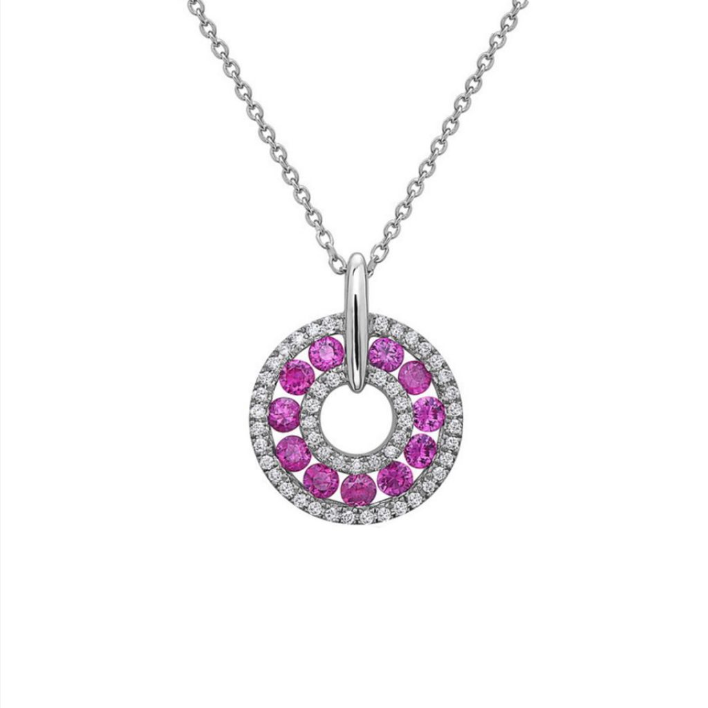 14K White Gold Ruby and Diamond Circle Pendant with Chain