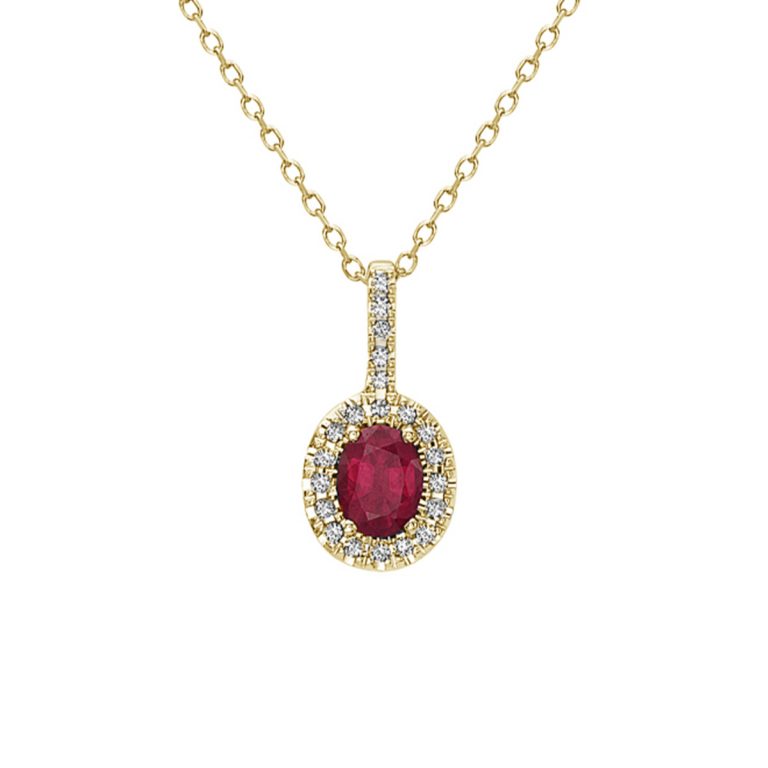 14K Yellow Gold Oval Ruby and Diamond Pendant with Chain