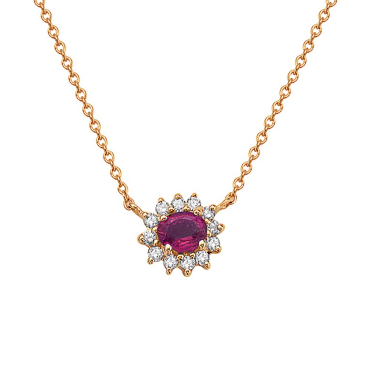 14K Yellow Gold Oval Ruby and Diamond Necklace