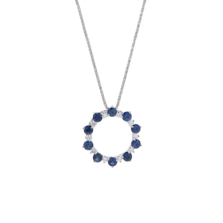 14K White Gold Open Circle Sapphire and Diamond Pendant and Chain