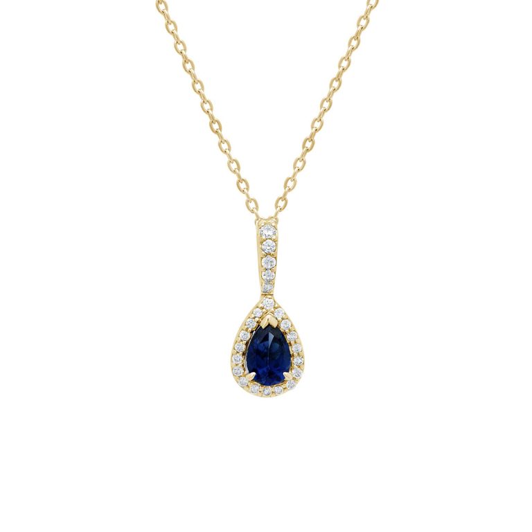 14K Yellow Gold Pear Sapphire and Diamond Pendant with Chain