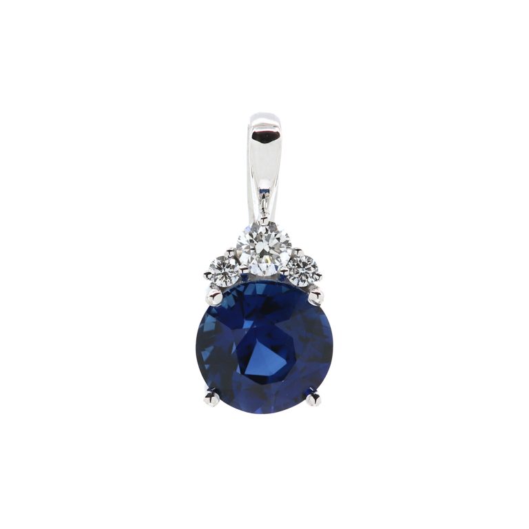 14K White Gold Round Sapphire Pendant with Diamond Accents