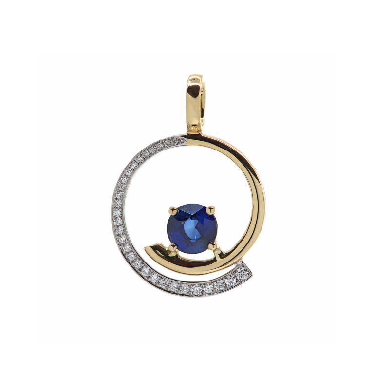 14K Two-Tone Diamond and Sapphire Swirl Pendant