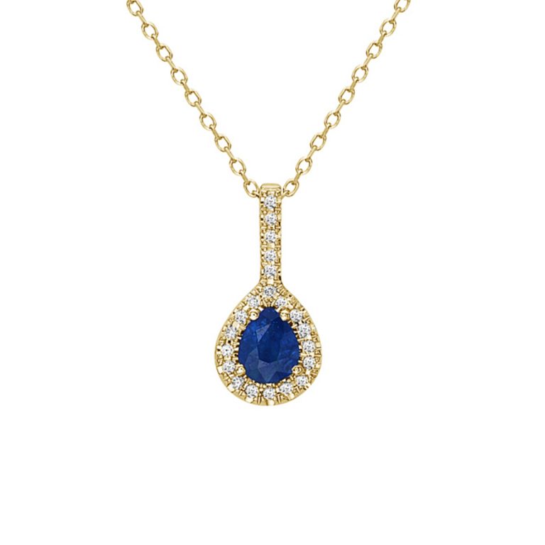 14K Yellow Gold Pear-Shape Blue Sapphire and Diamond Pendant with Chain