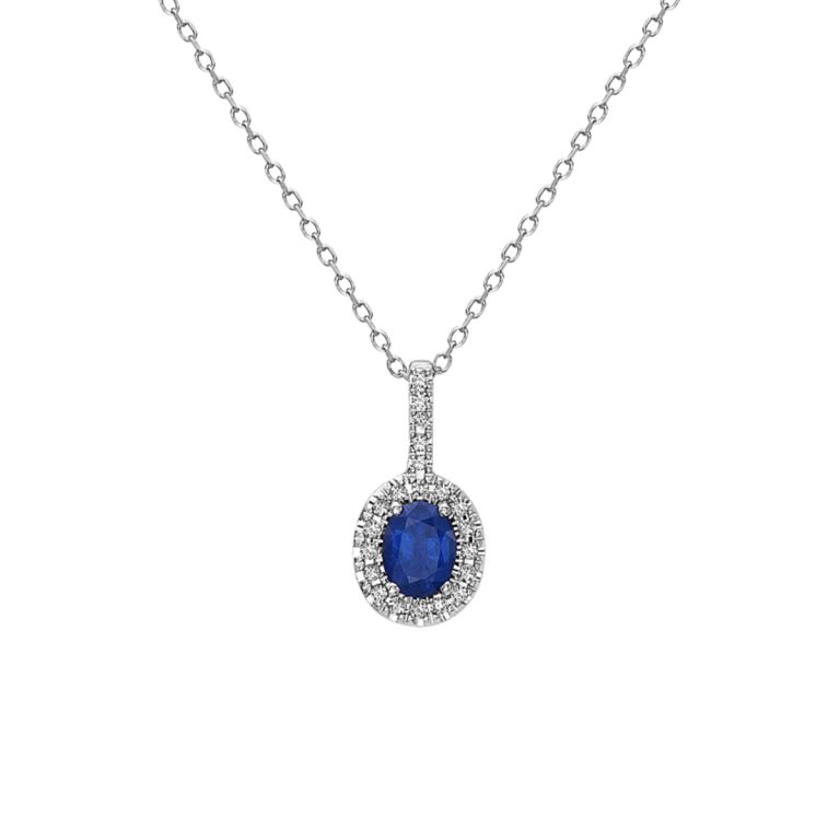 14K White Gold Oval Sapphire and Diamond Pendant and Chain