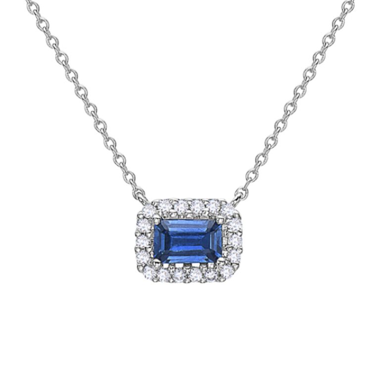 14K White Gold Emerald-Cut Sapphire and Diamond Necklace