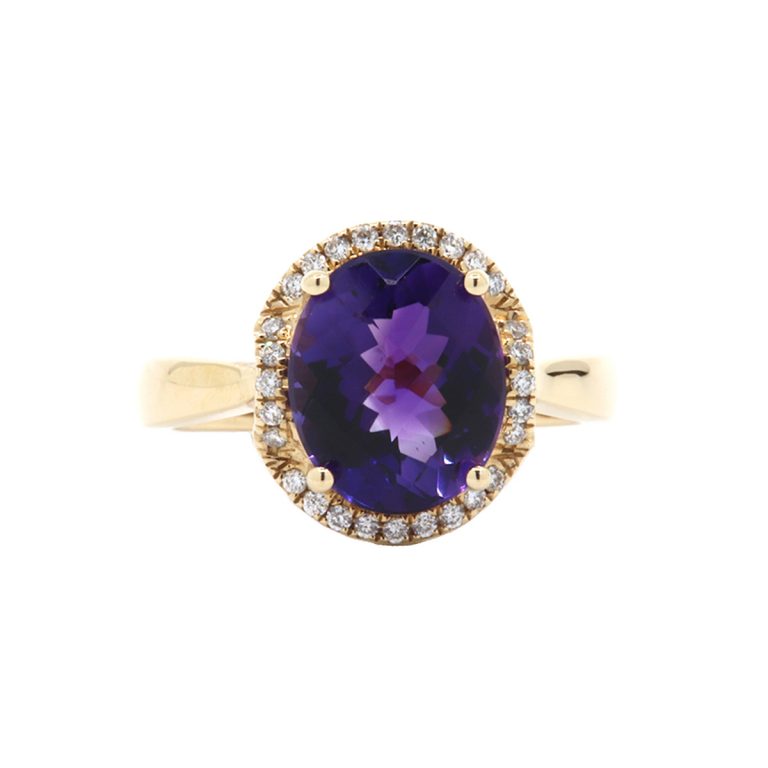 14K Yellow Gold Oval Amethyst and Diamond Ring