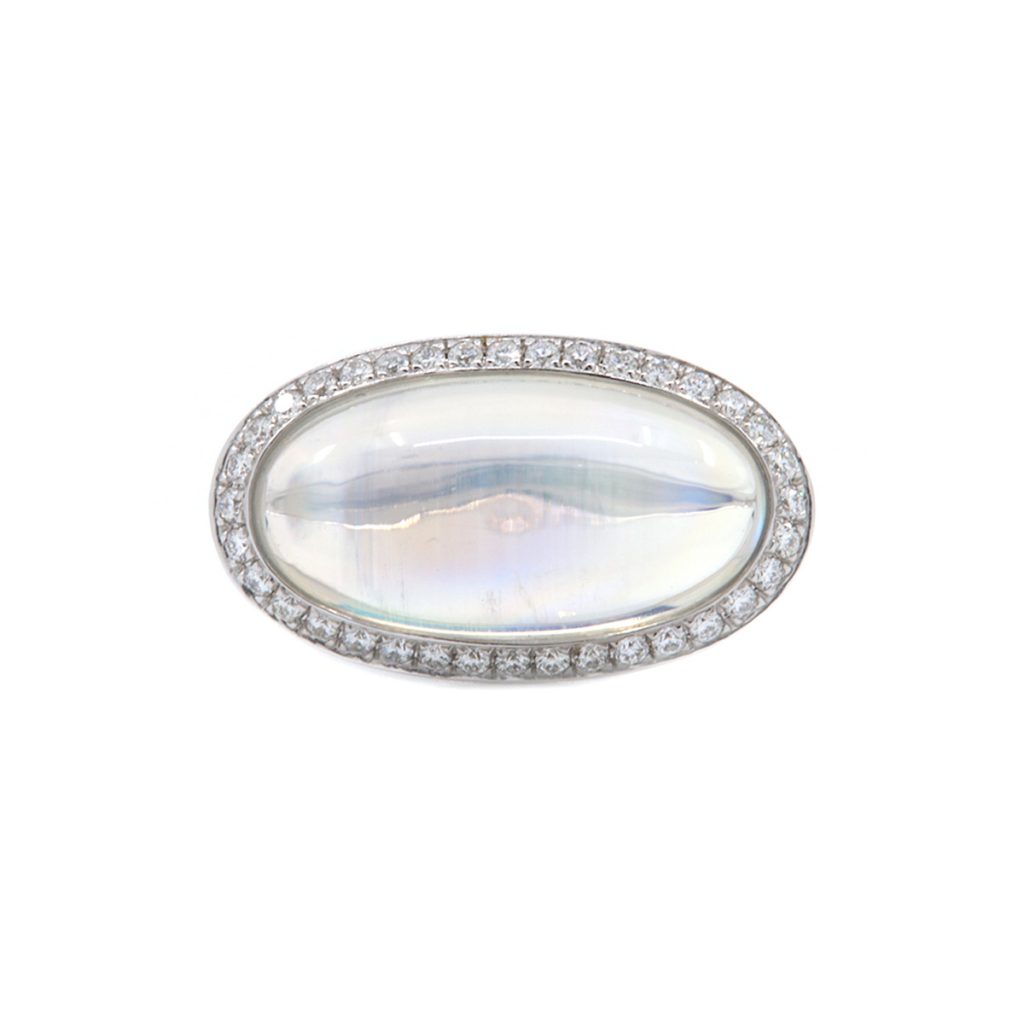 14K White Gold Oval Rainbow Moonstone and Diamond Ring