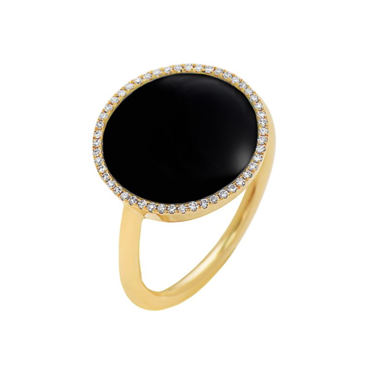 14K Yellow Gold Black Agate and Diamond Ring