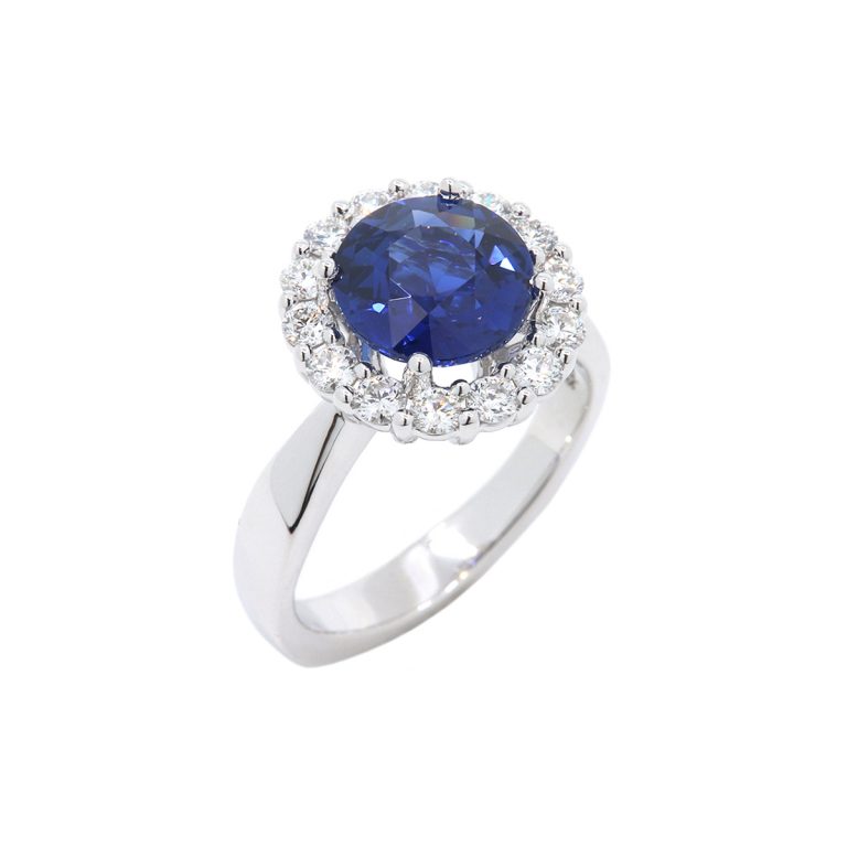 14K White Gold Round Sapphire Ring with Diamond Halo