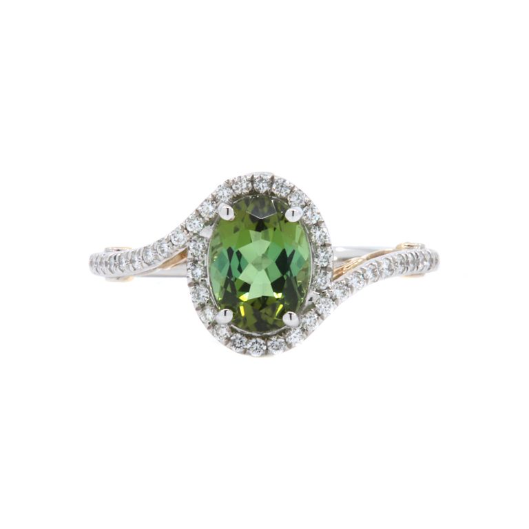 14K Yellow and White Gold Oval Green Tourmaline and Diamond Halo Bypass Ring