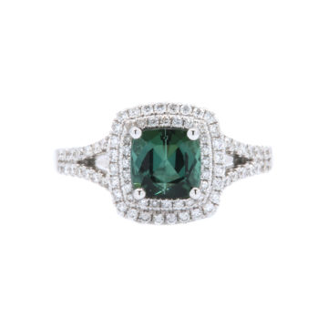 14K White Gold Cushion Blue-Green Tourmaline and Diamond Halo Ring