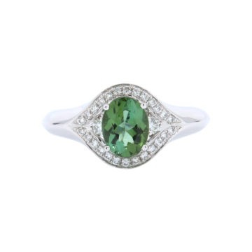 14K White Gold Oval Green Tourmaline and Diamond Ring