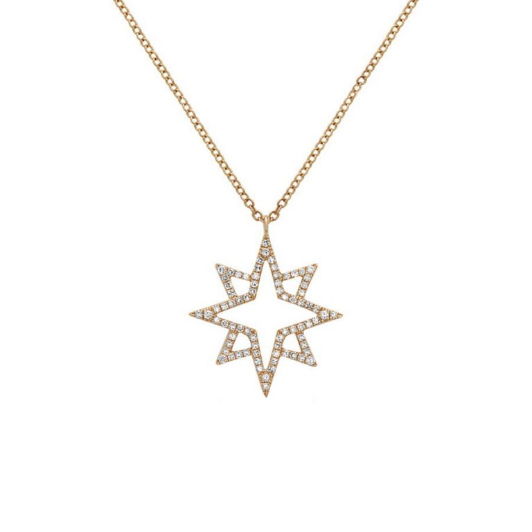 14K Yellow Gold Open Star Diamond Pendant with Link Chain