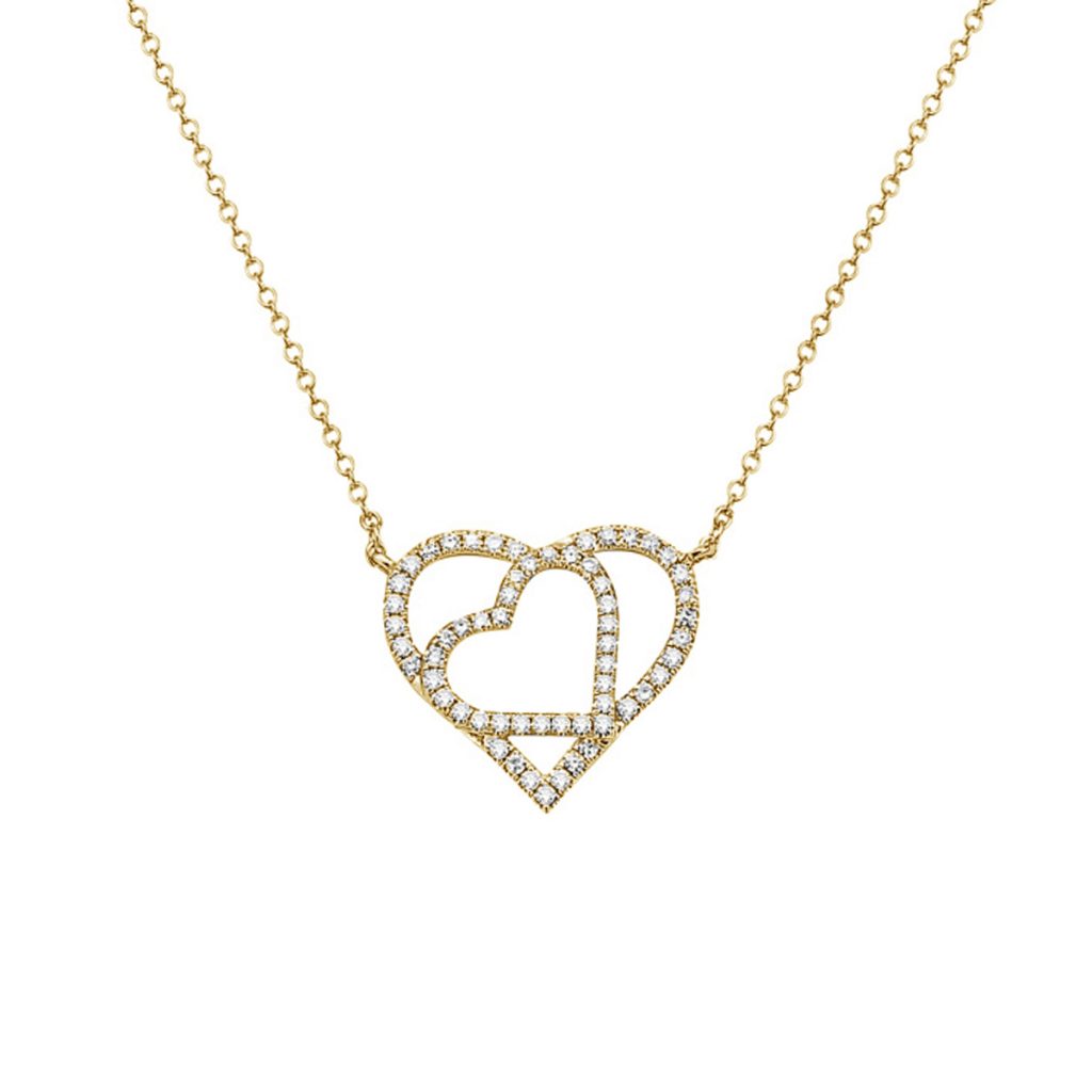 14K Yellow Gold Diamond Open Heart-In-Heart Necklace