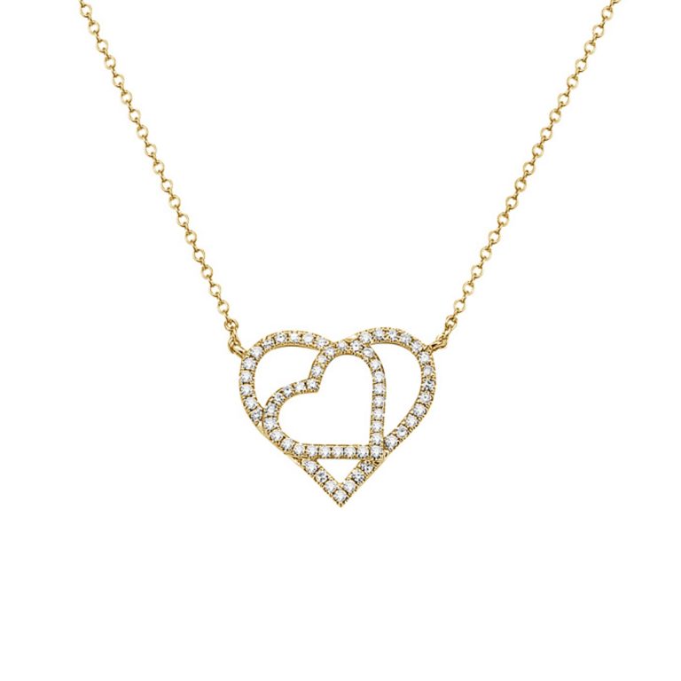 14K Yellow Gold Diamond Open Heart-In-Heart Necklace