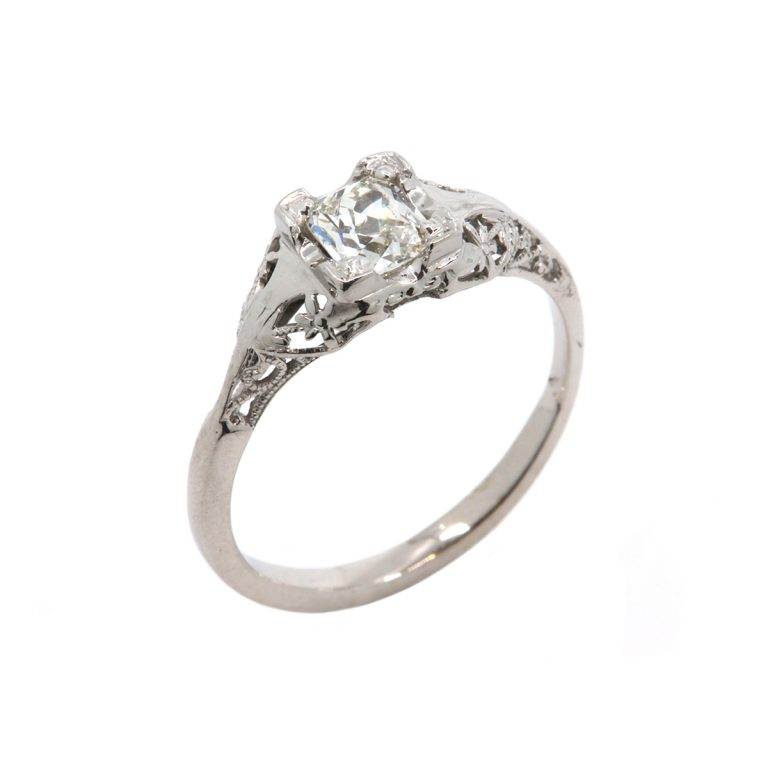 14K White Gold Filigree Vintage Inspired Engagement Ring