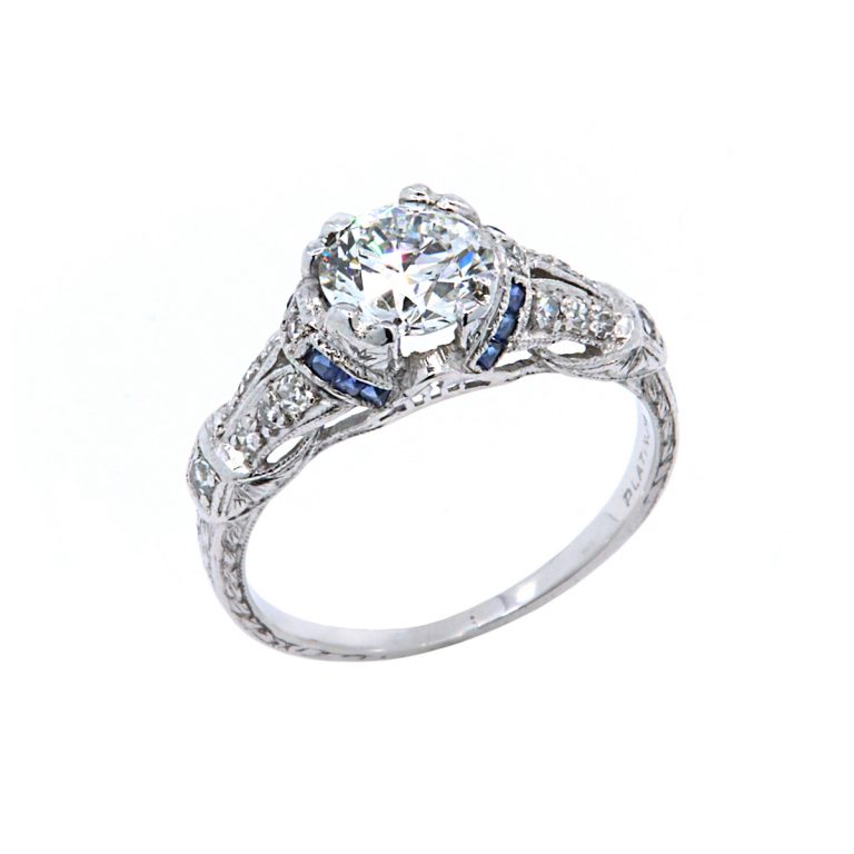 Platinum Diamond and French Cut Sapphire Ring