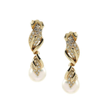14K Yellow Gold Pearl and Diamond Dangle Earrings