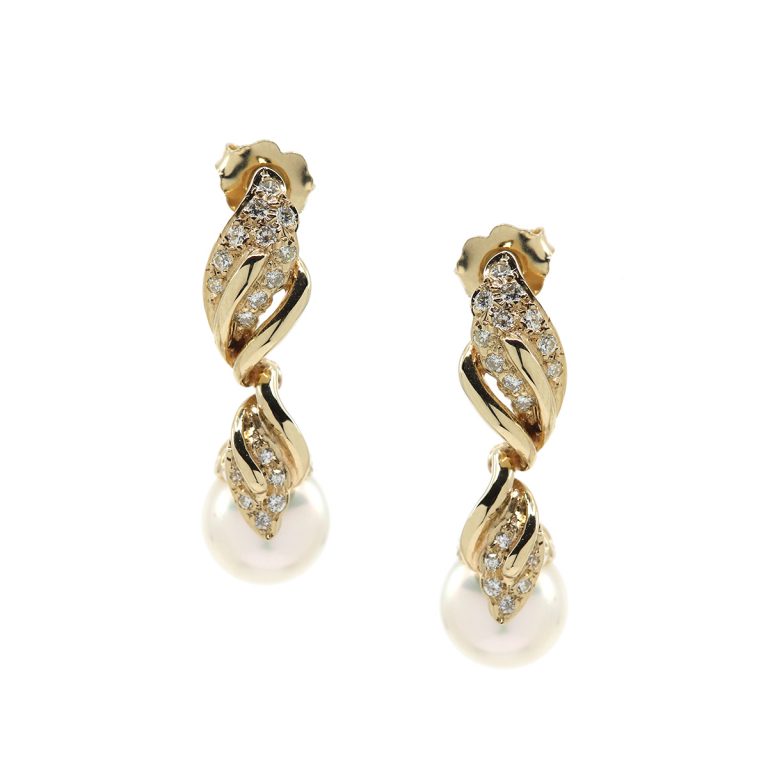 14K Yellow Gold Pearl and Diamond Dangle Earrings