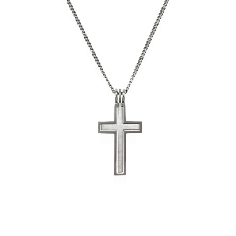Stainless Steel Satin Finished Inset Cross Pendant with Chain