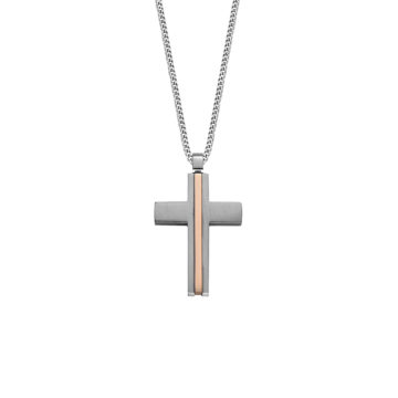Stainless Steel and Rose Gold Plated Cross Pendant and Chain