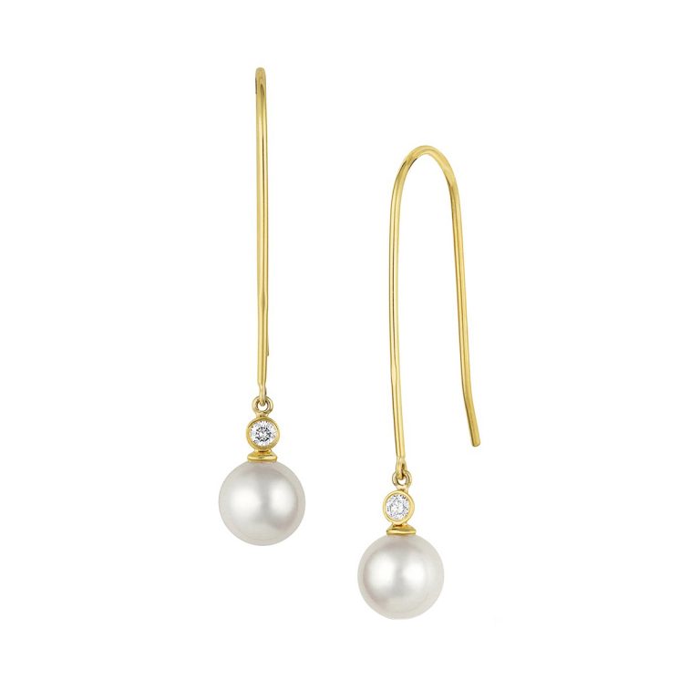 14K Yellow Gold Pearl and Bezel Set Diamond Earrings