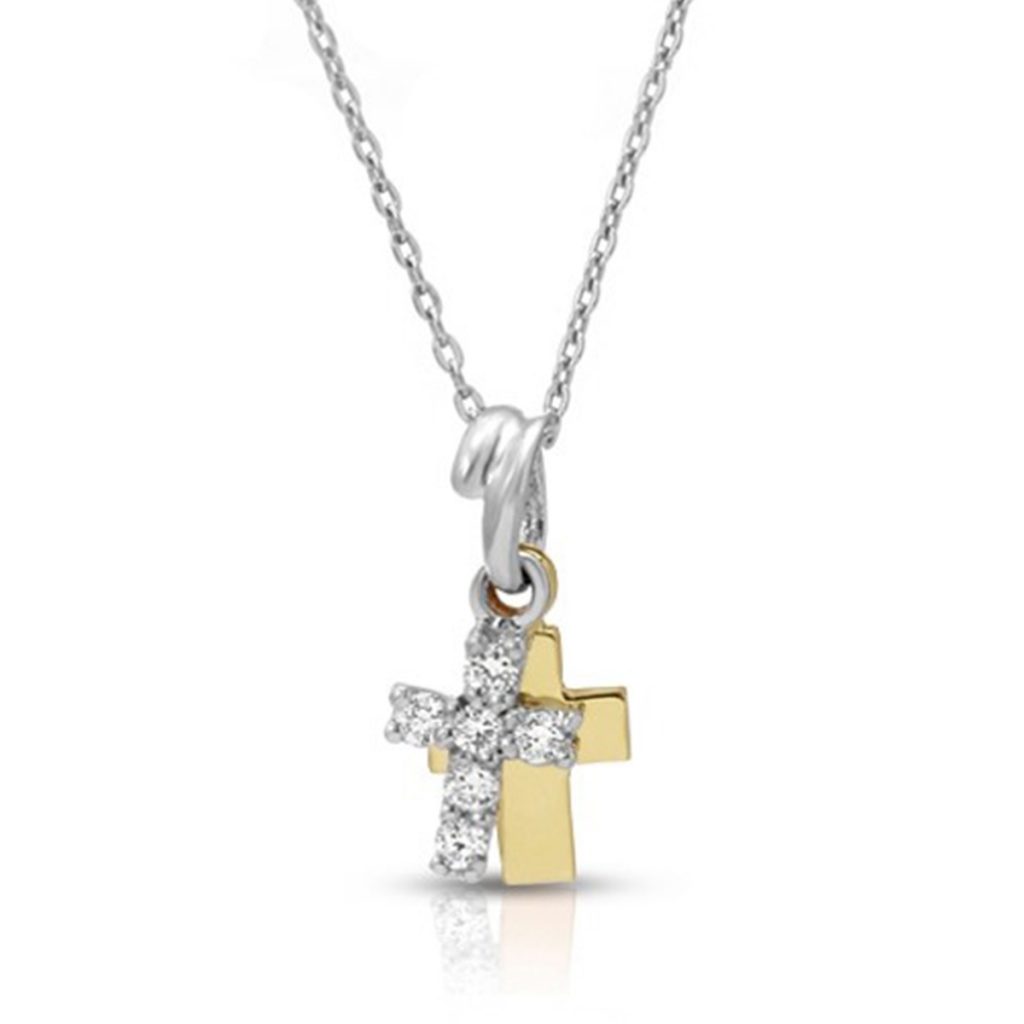 14K Two-Tone Double Cross Necklace