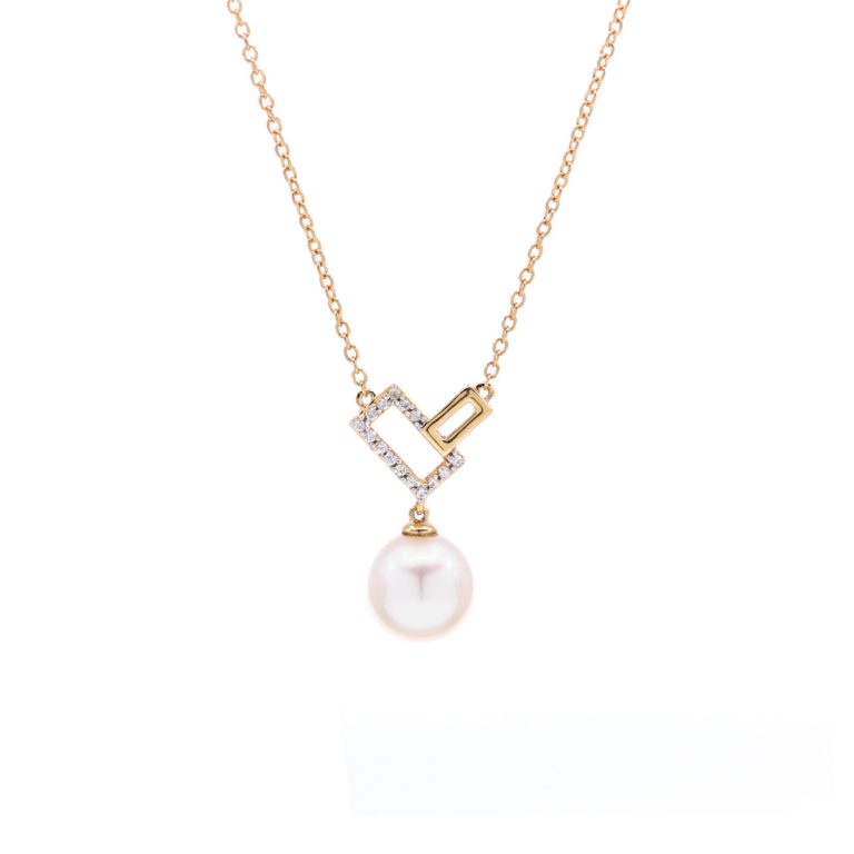 14K Yellow Gold Geo Pearl and Diamond Necklace