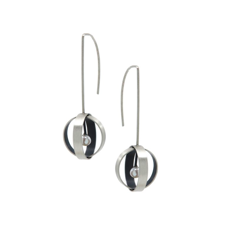 Sterling Silver Oxidized White Pearl Sphere Earrings